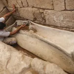 GAZA CITY, GAZA - JULY 16: A lead sarcophagus uncovered during archaeological excavations at the site of Roman necropolis in the north of Gaza Strip, the second such discovery this year on July 16, 2023. (Photo by Mustafa Hassona/Anadolu Agency via Getty Images)