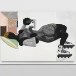 A horizontal canvas divided into four segments, showing a darks kinned woman lying in her bed and wearing roller blades.