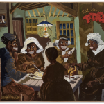 Painting with five figures around a table.