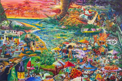 A dense painting with dozens of figures in a vibrant landscape.