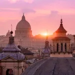 Domed roof tops of Santa Maria di Montesanto and Santa Maria dei Miracoli,  from the Pincio, Rome, Italy