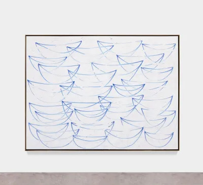 Rashid Johnson: Seascape “Jitter Bug”, 2022, oil on linen, 72 by 96 1/8 by 1 5/8 inches.