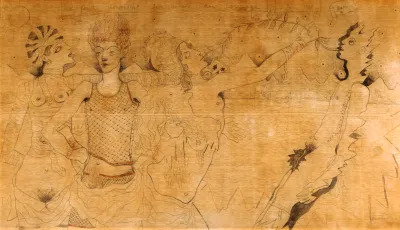 A drawing of several people, including one nude woman, beside a flaming figure.