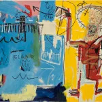a blue and yellow painting with two figures.