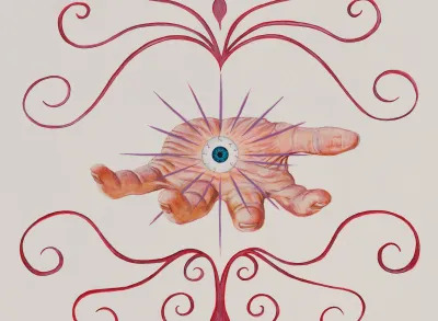 A painting of a hand holding a bulging eyeball.