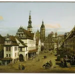 A painting of a quiet market square in an Italian city