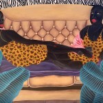 A painting of two women on a vintage couch. They have jet black skin, red nails, red lipstick, and matching leopard print nightgowns. There is zeba-like wallpaper in the background, and plant leaves in the foreground.