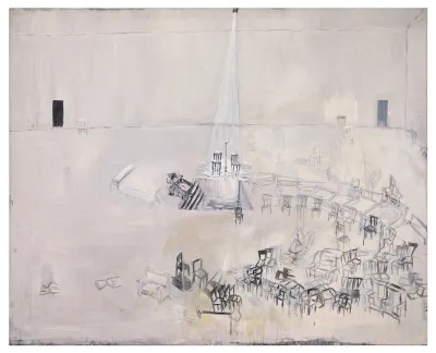 A vacant painting of a room filled with chairs.