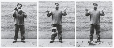 Three black-and-white photographs of a man dropping an ancient vase.