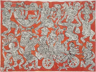 A painting of many figures amid an orange background.