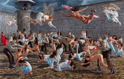 A painting of naked women and clothed inmates fighting with police officers in a prison yard.