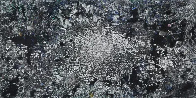 A large abstract painting composed of grey and white chips of paint.