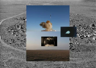A photograph of a desert with various pictures overlaid. One shows a rocket lifting off.