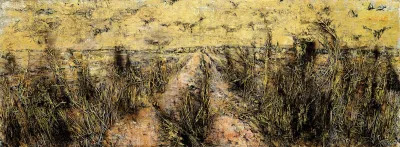 A painting of a hay field with crows flying over it. The sky is painted gold.