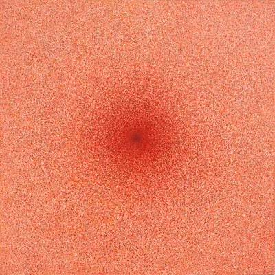 An abstract painting featuring many red dots around a central, bold red dot.