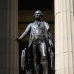 NEW YORK, NEW YORK - MAY 25: A view of the George Washington statue outside Federal Hall during the coronavirus pandemic on May 25, 2020 in New York City. Government guidelines encourage wearing a mask in public with strong social distancing in effect as all 50 states in the USA have begun a gradual process to slowly reopen after weeks of stay-at-home measures to slow the spread of COVID-19. (Photo by Noam Galai/Getty Images)