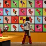 A person looking at repeated, colorful images of a headdress.