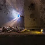A doll made from reused materials lies on a concrete bench lit by one lightbulb.