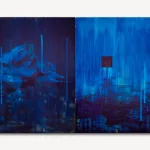 A semi-abstract diptych painting that is mostly blue with streaks of text in it. At left, a woman