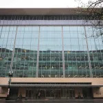 Rain falls on the National Endowment for the Humanities building (NEH) on April 11, 2025 in Washington, DC. The NEH has begun laying off staff after President Donald Trump and the Department of Government Efficiency