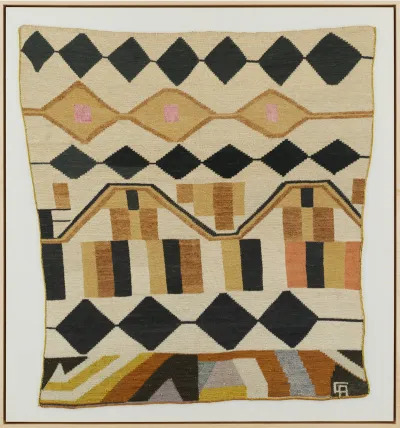 A weaving composed of rows of black triangles, beige striping, and more.