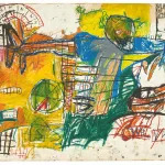 A scrawling, dynamic work on paper in blue, yellow, green and red.