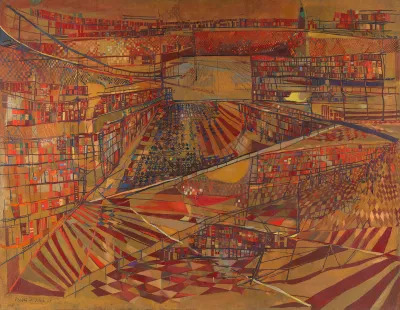 A painting of a highly abstracted architectural space.