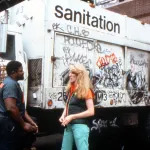 A white woman talks to a Black man in a sanitation worker