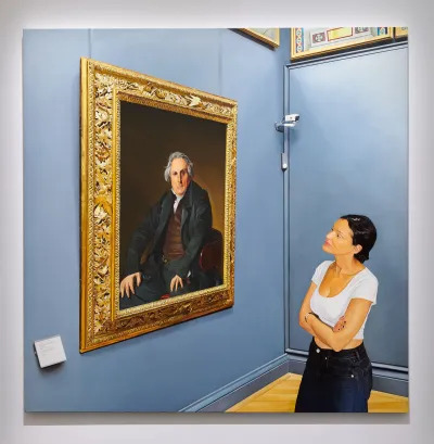 A painting showing a woman looking at an Ingres portrait in the Louvre, with the museum