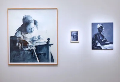View of three copies of famous paintings from art history in grisaille palettes. 