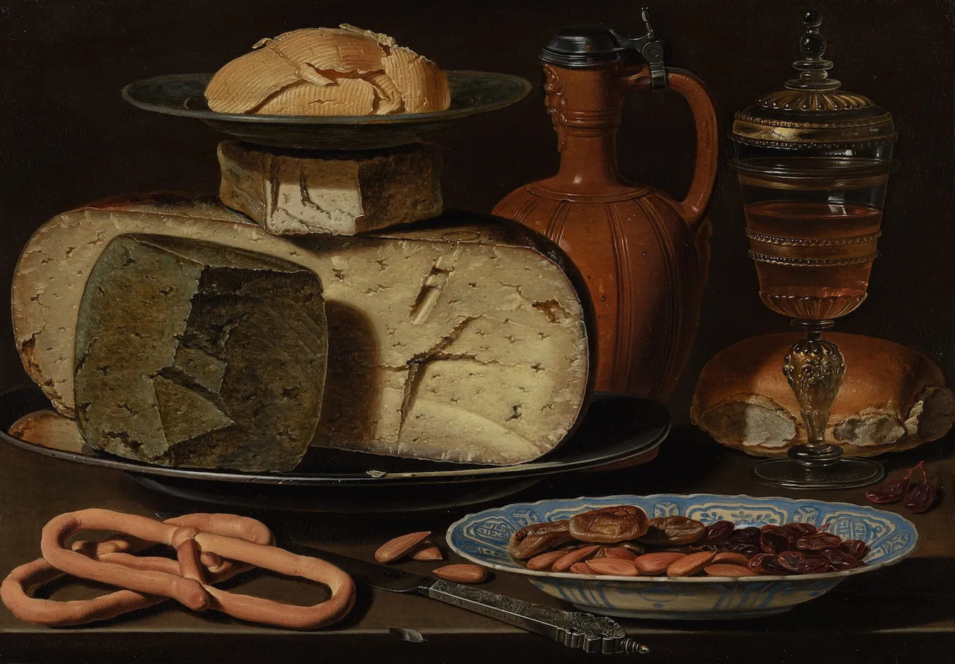 Clara Peeters, Still Life with Cheeses, Almonds and Pretzels, 1615