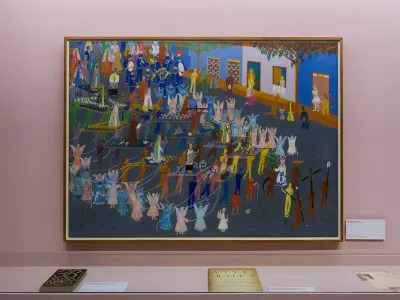 A painting showing a procession of extravagantly dressed people during a festival