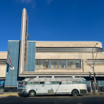 A bus outside a bus station.