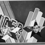 British pop artist Peter Phillips seen through a star-shaped hole in a version of his painting INsuperSET, ca. 1963.