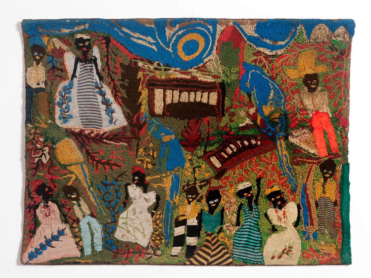 A fiber artwork of many Black people in a landscape.