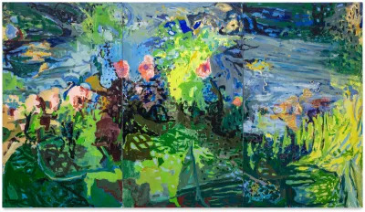 An abstract painting of flowers and greenery amid a blue background.