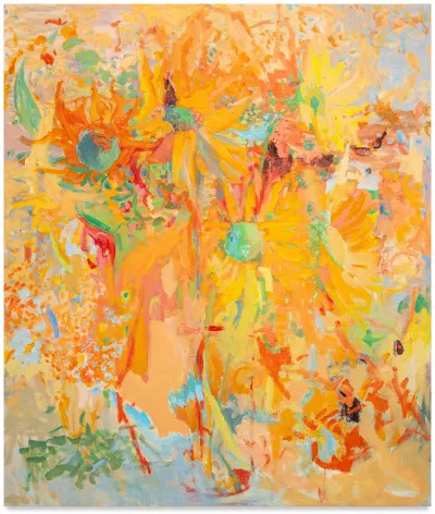 A painting of several orange and yellow flowers that melt away into an orange abstraction.