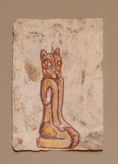 A drawing of a half-cat, half-man statue.