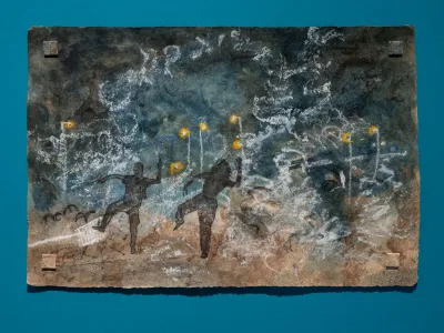 A drawing of two people dancing against a dark night sky background.