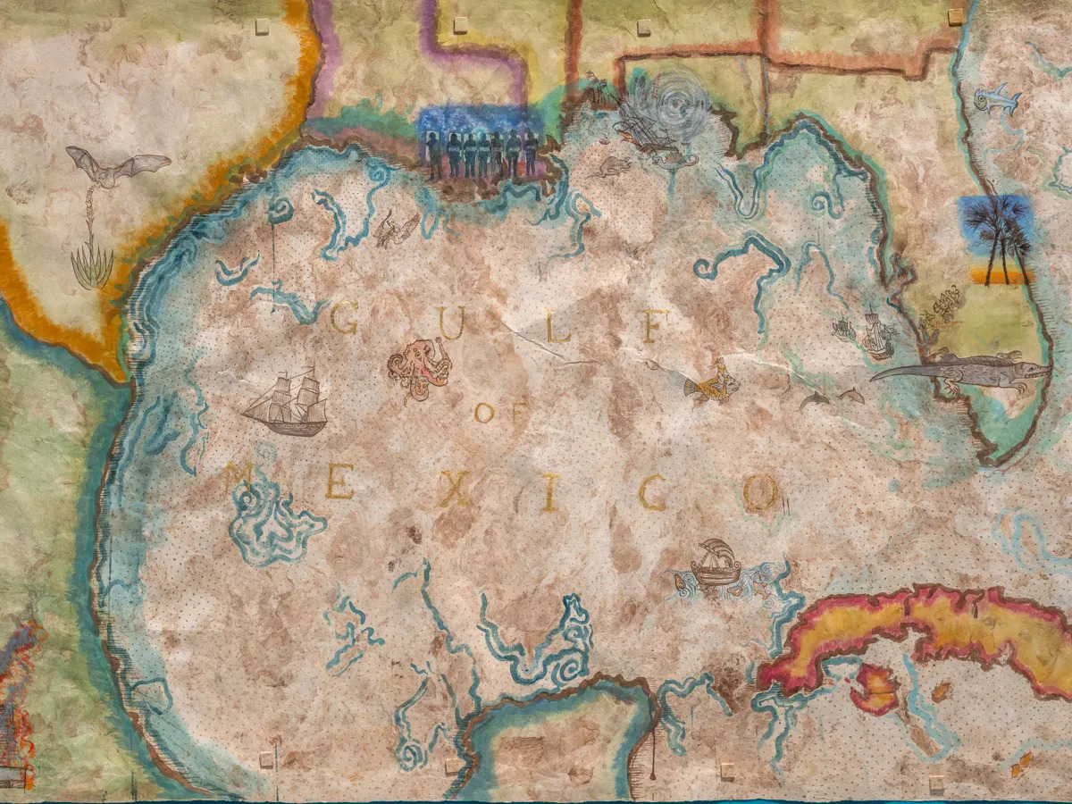 A hand-drawn map of the Gulf of Mexico and surrounding land with various animals, boats, and scenes of life all around.