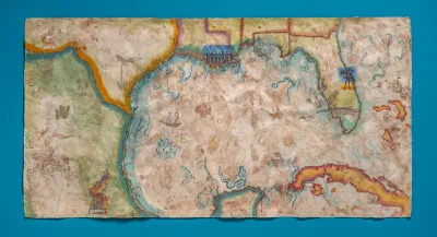 A hand-drawn map of the Gulf of Mexico and surrounding land with various animals, boats, and scenes of life all around.