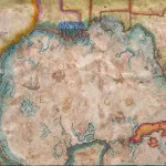 A hand-drawn map of the Gulf of Mexico and surrounding land with various animals, boats, and scenes of life all around.