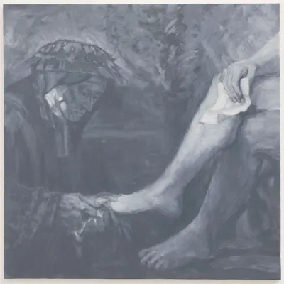 A grisaille painting showing a maid attending to a nude woman