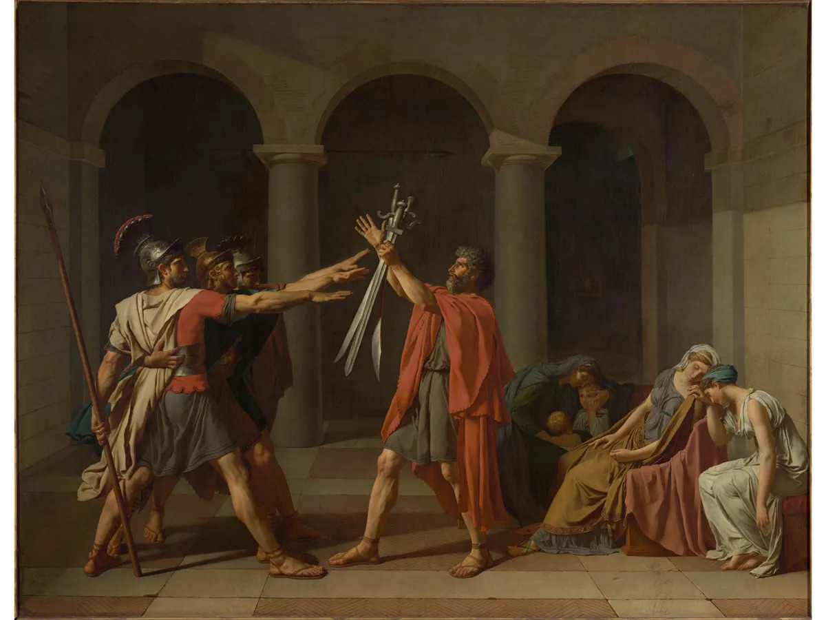 Three men raise up their arms in a pledge of loyalty to their father who holds up their swords. a Group of women look on as they weep.