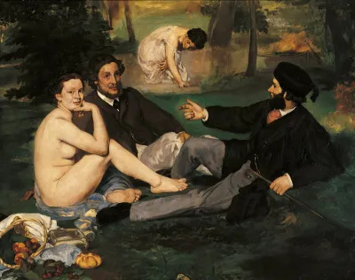 A painting of a nude woman seated on a picnic blanket beside two reclining clothed men.