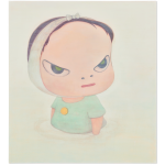 A painting of a small, big eyed girl standing in some water.