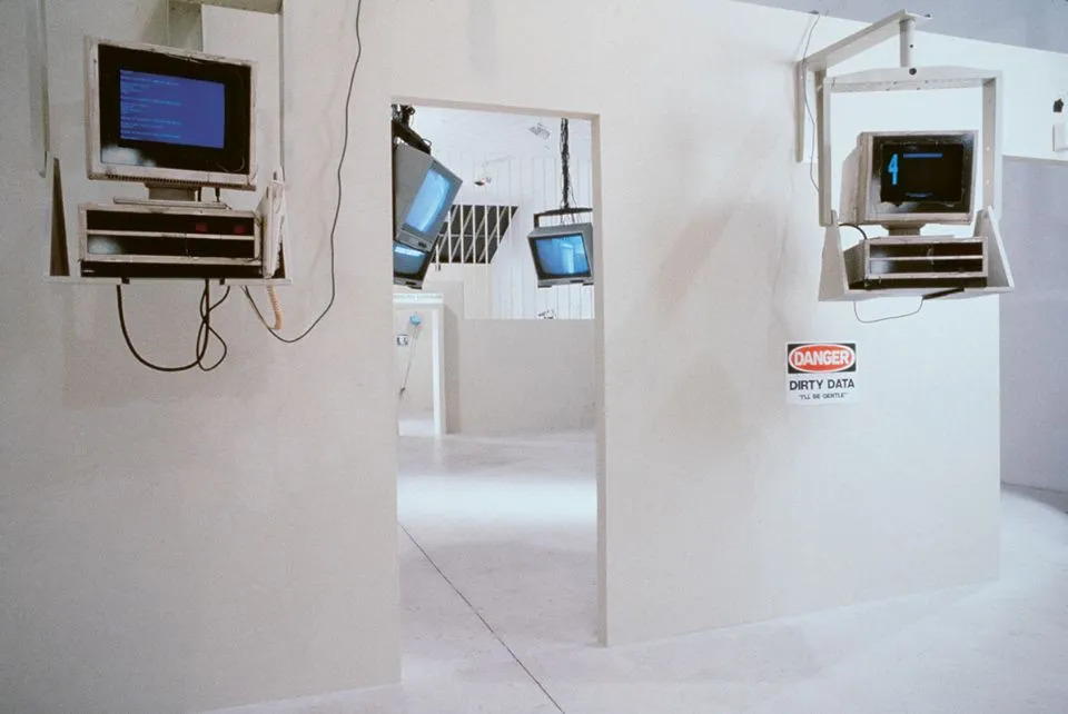Julia Scher, Danger Dirty Data (1991), installation view of the show "I