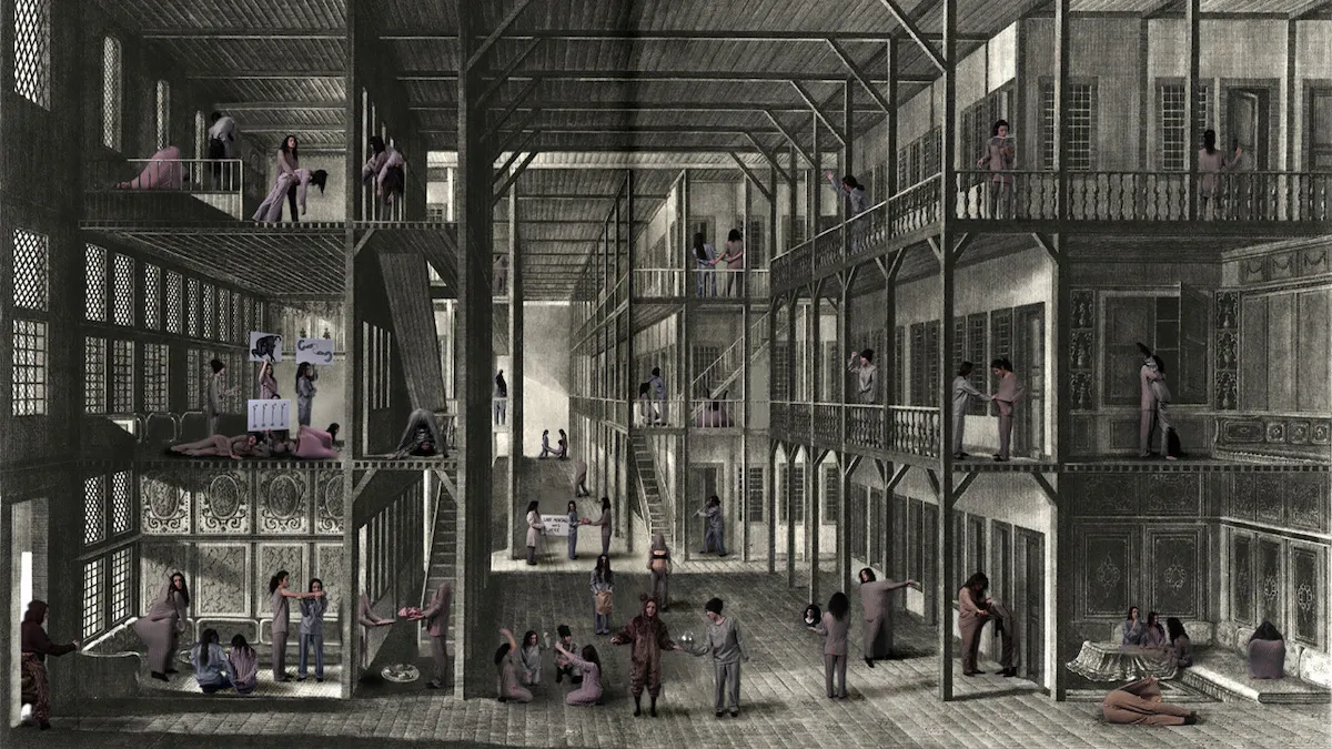 An architectural diagram showing a three-floor space with its walls taken away. Women of all kinds are shown speaking and lounging across its rooms.