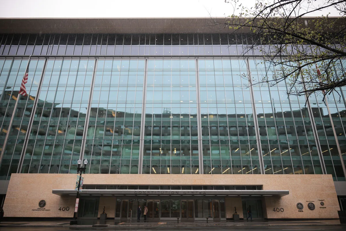 Rain falls on the National Endowment for the Humanities building (NEH) on April 11, 2025 in Washington, DC. The NEH has begun laying off staff after President Donald Trump and the Department of Government Efficiency