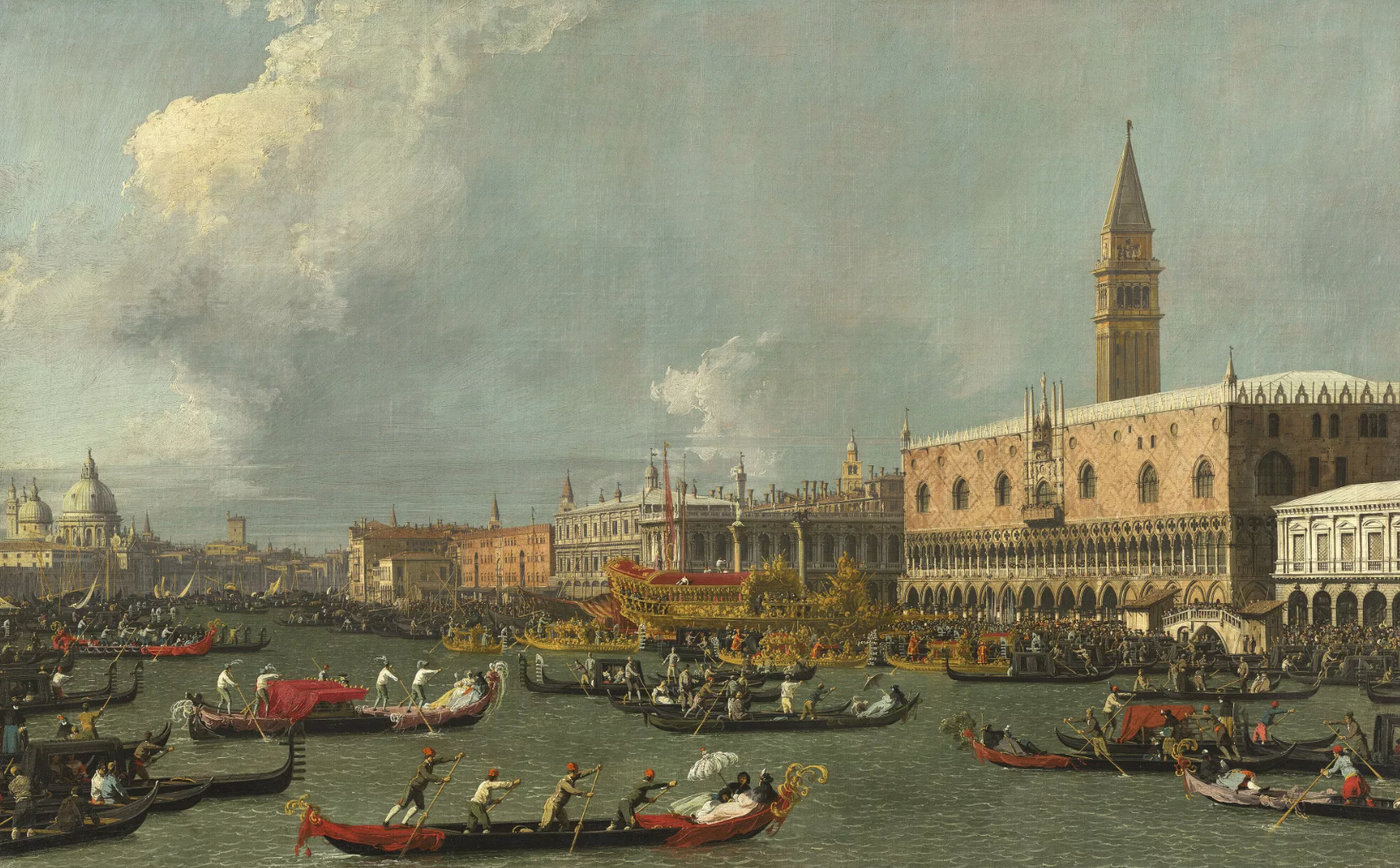 A paintings of a canal with boats on the water.